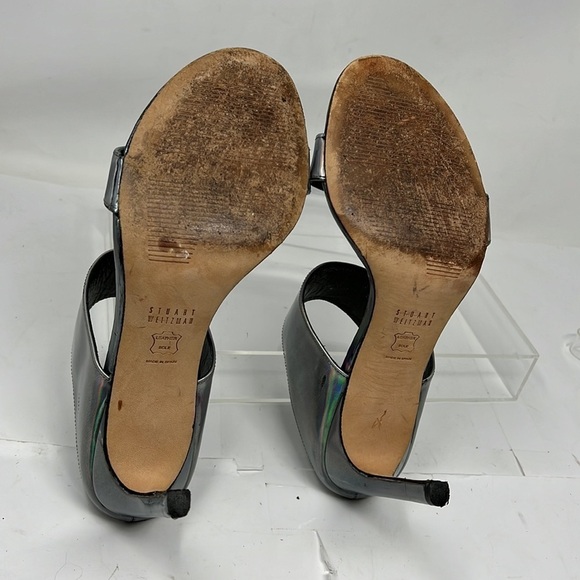 Stuart Weitzman Sz 8.5 MySlide Metallic Specchio Heel Sandal Silver Pewter - Picture 15 of 15